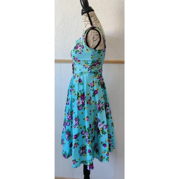 Hell Bunny Floral Print Fit & Flare Turquoise Dree Sleeveless Belted Sz XS Retro - Picture 3 of 8